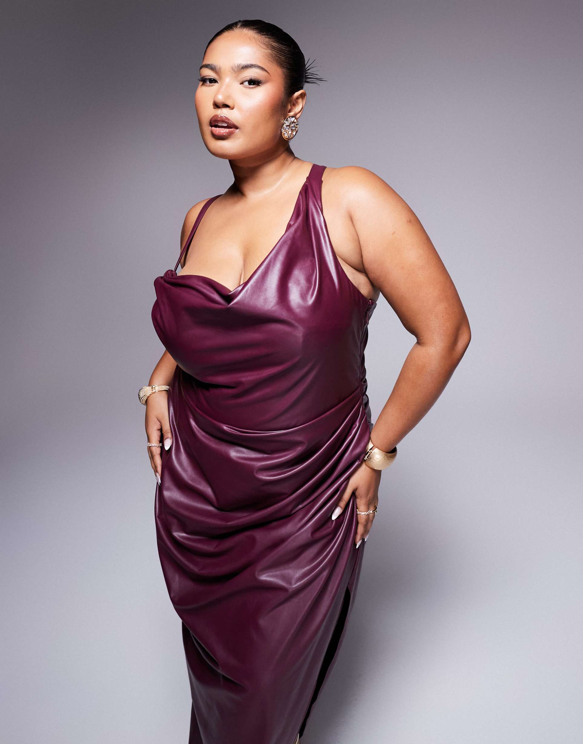 asos design curve draped one shoulder pu cami wrap midi dress in burgundy