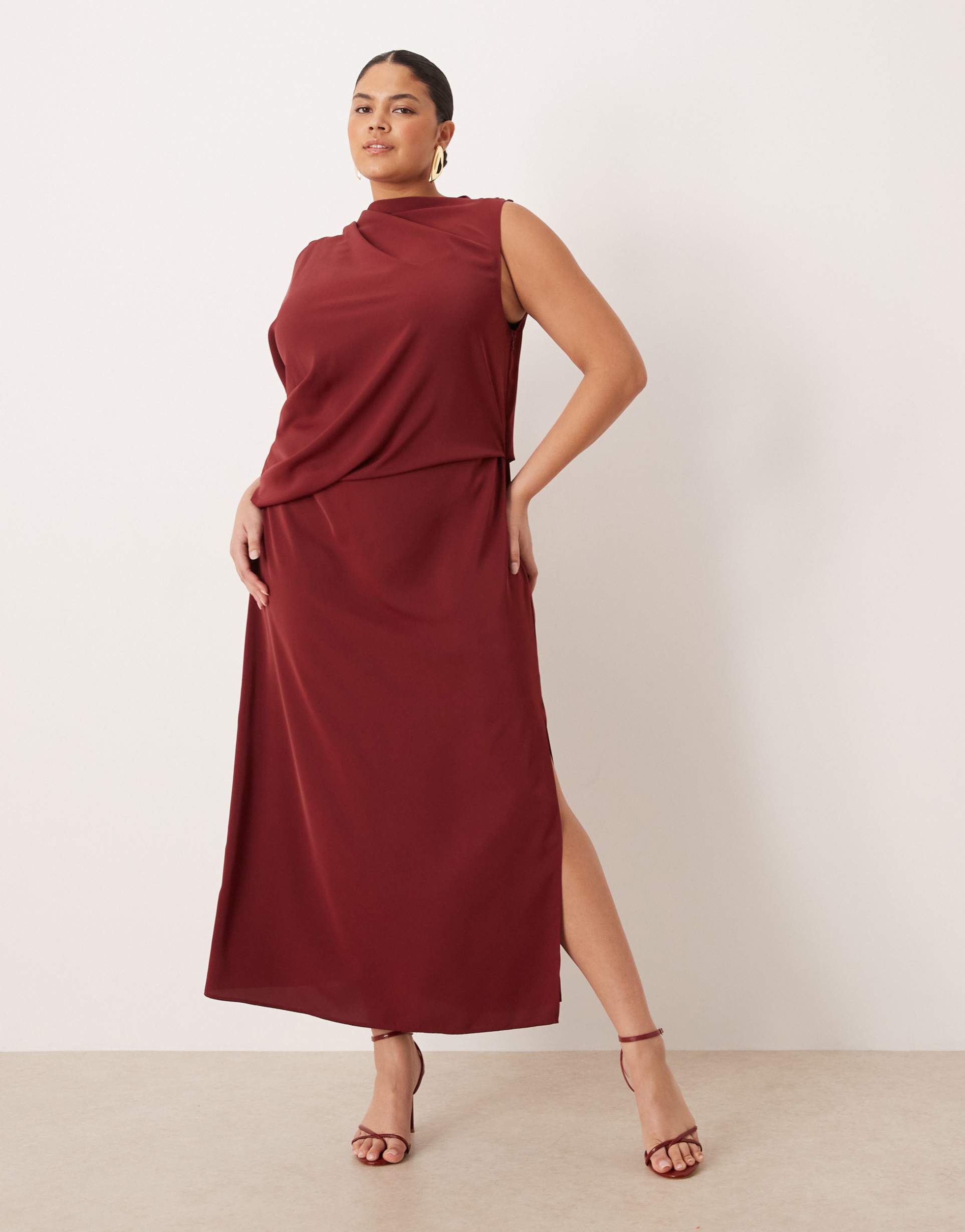 asos design curve draped one-sleeve slinky dress in burgundy
