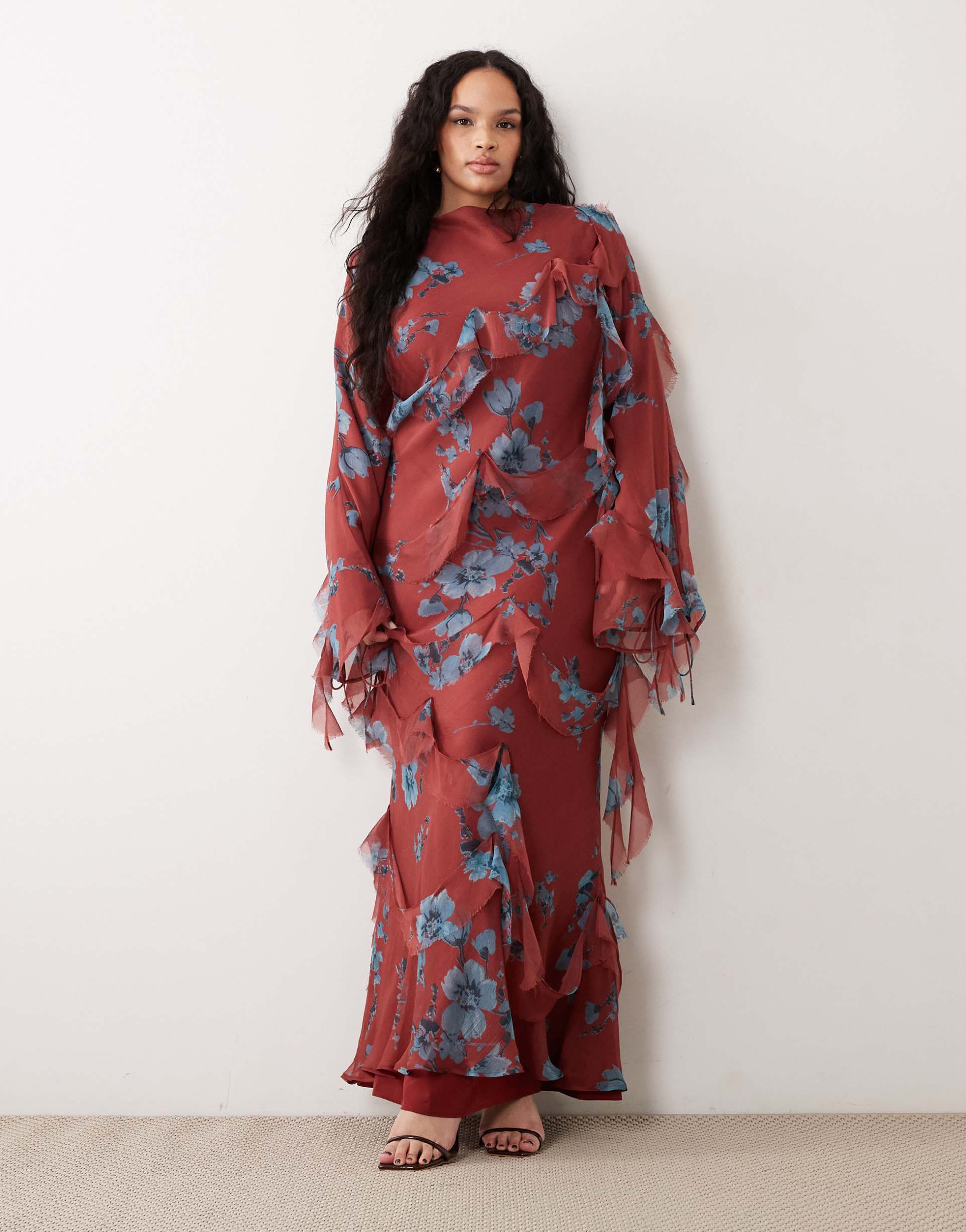asos design curve draped raw edge ruffle trim long sleeve maxi dress in floral print