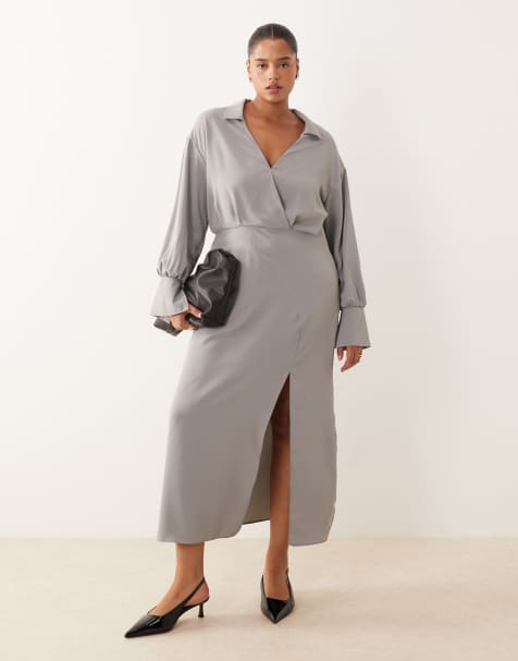 ASOS DESIGN Curve draped shirt pencil midi skirt in grey - view 1