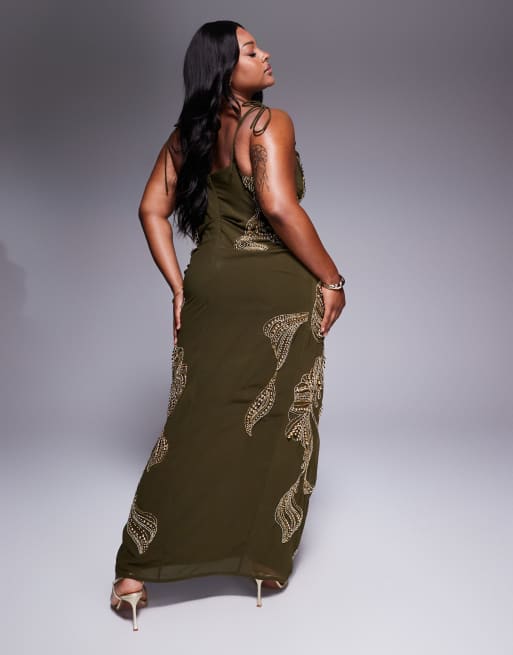 ASOS DESIGN Curve draped skirt overlay maxi dress with dropped waist and embellishment in khaki green