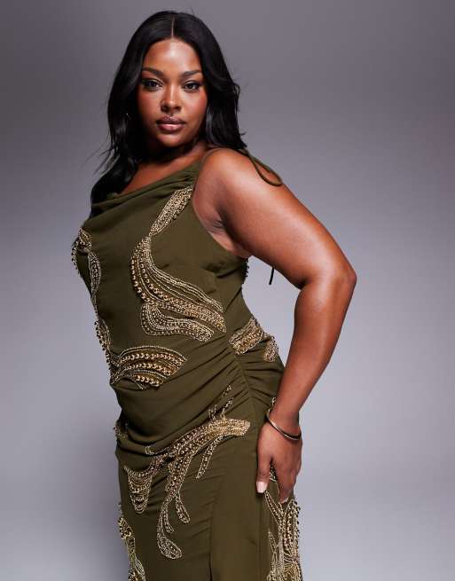 ASOS DESIGN Curve draped skirt overlay maxi dress with dropped waist and embellishment in khaki green