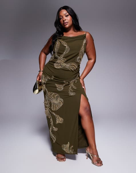 ASOS DESIGN Curve draped skirt overlay maxi dress with dropped waist and embellishment in khaki - view 1