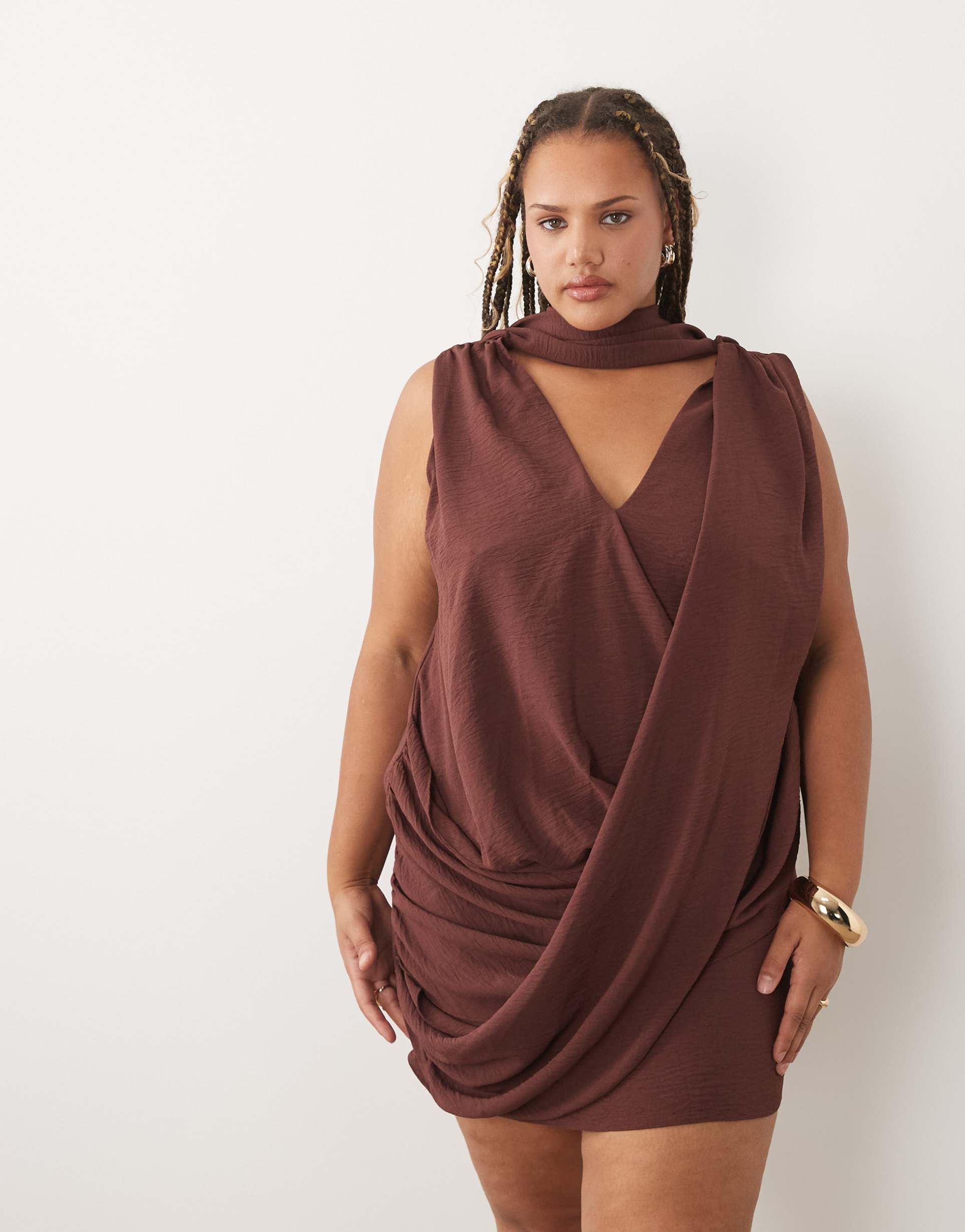 asos design curve draped wrap front mini dress with scarf detail in chocolate