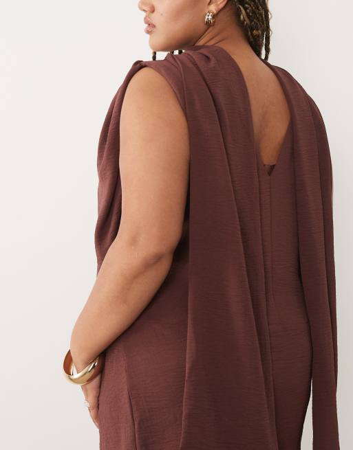 ASOS DESIGN Curve draped wrap front mini dress with scarf detail in chocolate, 2 of 4