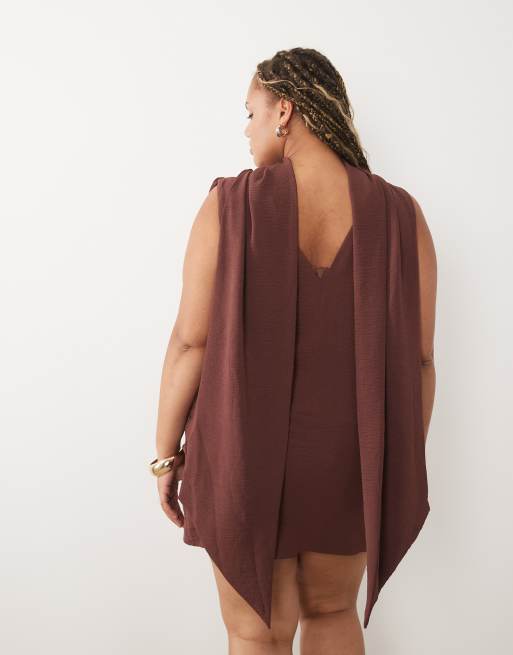 ASOS DESIGN Curve draped wrap front mini dress with scarf detail in chocolate, 3 of 4