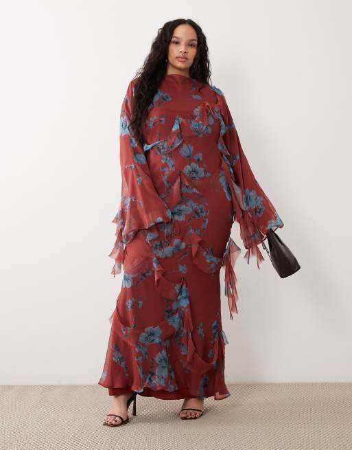 ASOS DESIGN Curve - Draperende langærmet maxikjole med blomstermønster og flæser samt rå sømkanter, 4 af 4