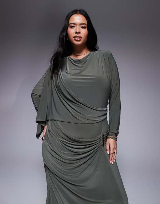 ASOS DESIGN Curve - Draperet og kakifarvet maxikjole med lange ærmer, indsyning på nederdelen og kantdetalje
