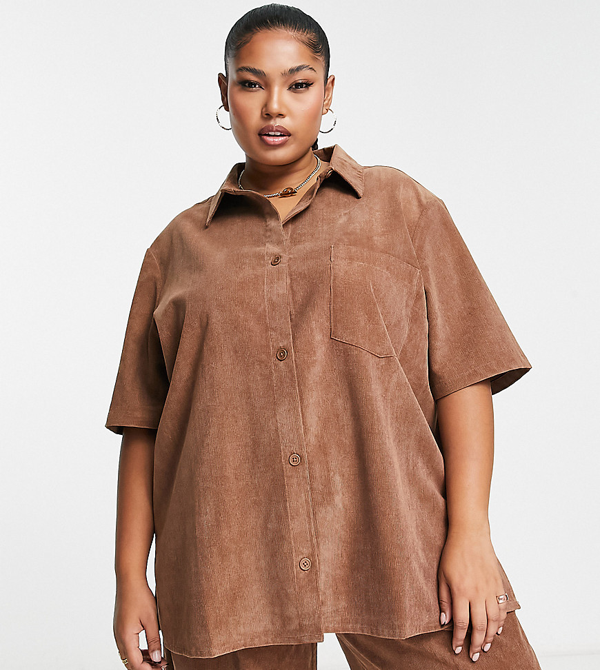 ASOS DESIGN Curve drapey shirt bowling shirt in baby cord in rust co-ord-Brown