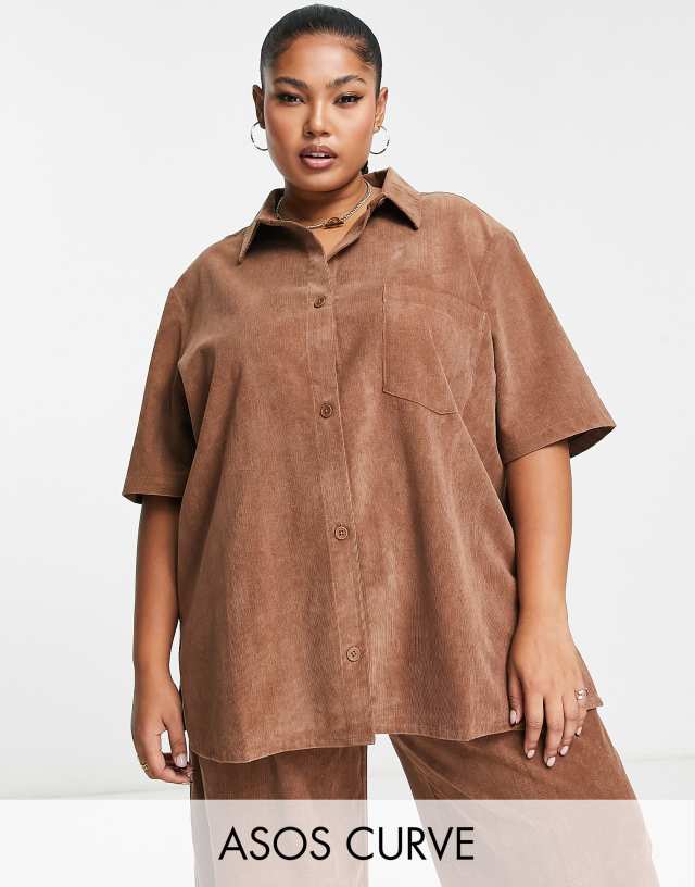 ASOS DESIGN Curve drapey shirt bowling shirt in baby cord in rust - part of a set