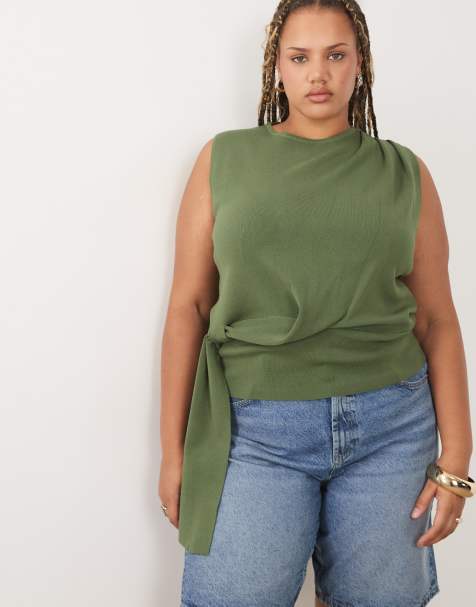 ASOS DESIGN Curve drapiertes ärmelloses Oberteil in Khaki - view 1