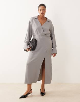 ASOS DESIGN Curve - Drapiertes Hemdkleid mit Bleistift-Midirock in Grau