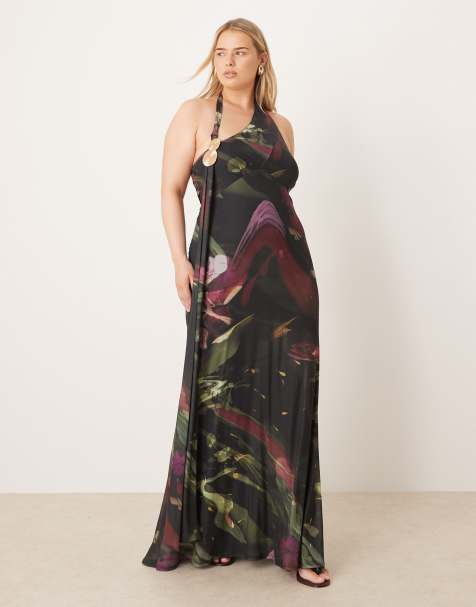 ASOS DESIGN Curve – Drapiertes Maxikleid aus Netzstoff mit dunklem abstraktem Print, Schaldetail am Ausschnitt und goldfarbenen Metallelementen - view 1