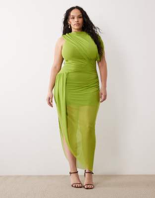 ASOS DESIGN Curve - Drapiertes Midikleid aus Netzstoff in Grün mit Cape-Detail