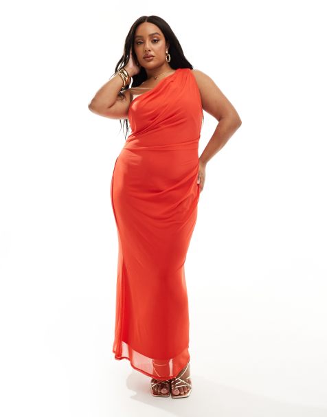 ASOS DESIGN Curve – Drapiertes Midikleid in Rot mit Netzstoff-Overlay und One-Shoulder-Träger - view 1