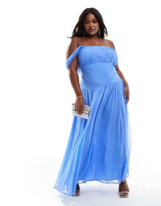 ASOS DESIGN Curve – Drapowana sukienka maxi z odsłoniętymi ramionami i obniżoną talią w chabrowym kolorze