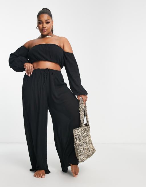 ASOS DESIGN petite crinkle wide leg palazzo beach pant in black