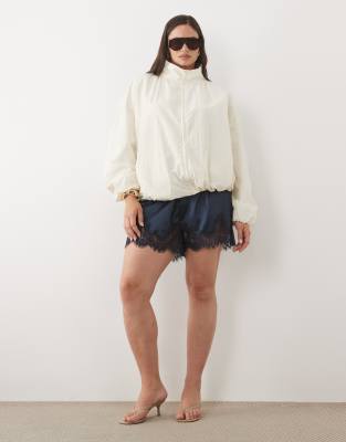 Asos Curve Asos Design Curve Drawstring Waist Satin Shorts With Lace Trim In Navy