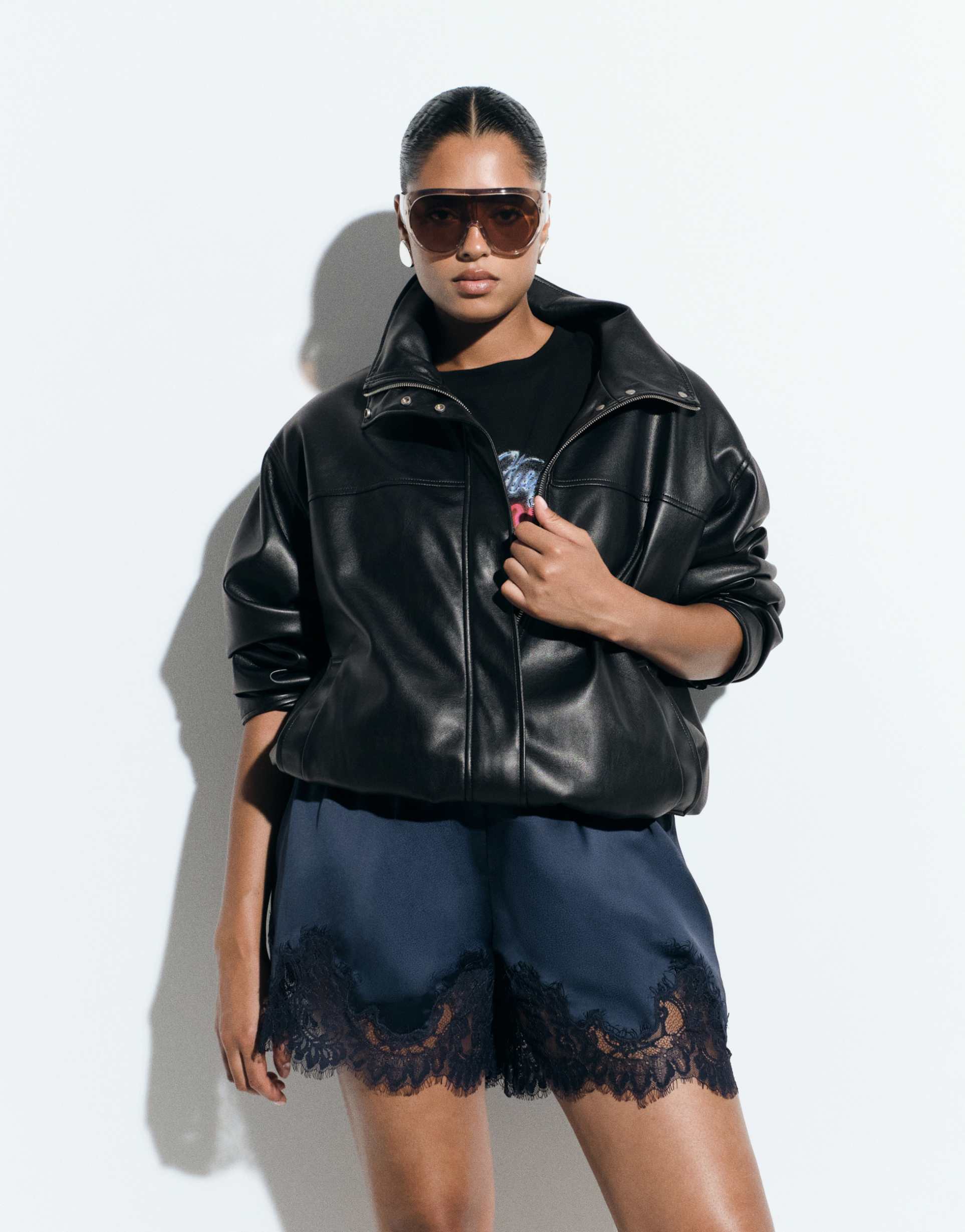 asos design curve drawstring waist satin shorts with lace trim in navy