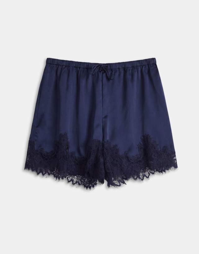 ASOS DESIGN Curve drawstring waist satin shorts with lace trim in navy