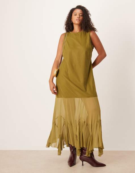 ASOS DESIGN Curve drop waist velvet maxi dress with sheer godet skirt in olive - view 1