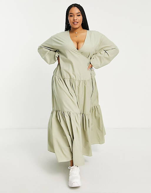 Women Curve drop waist wrap tiered maxi dress in khaki 