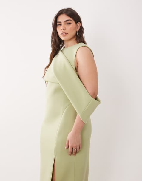ASOS DESIGN Curve dropped cut out shoulder midi dress in green scuba-style fabric - view 1