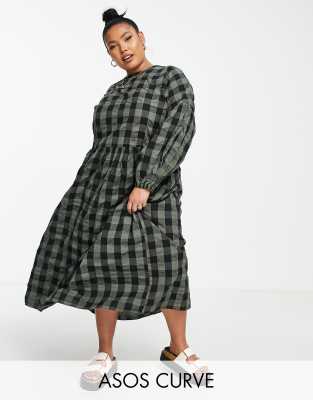 Asos Design Curve Dropped Shoulder Super Oversized Smock Midi Dress In Khaki Gingham Asos 9420