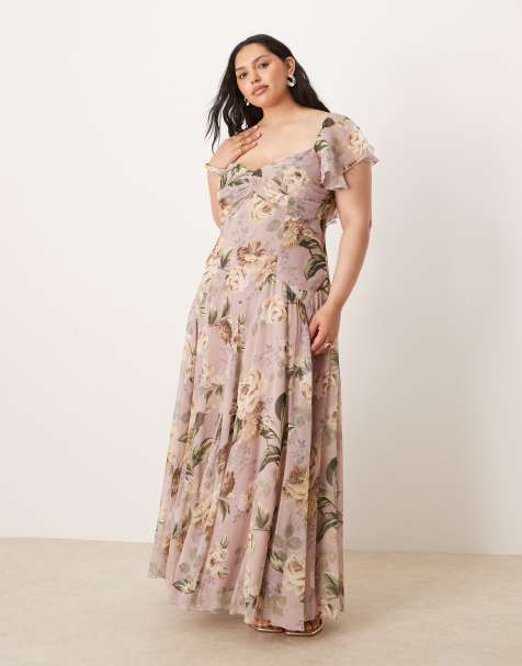 ASOS DESIGN Curve dropped waist full skirt midi dress in lilac floral print - view 1
