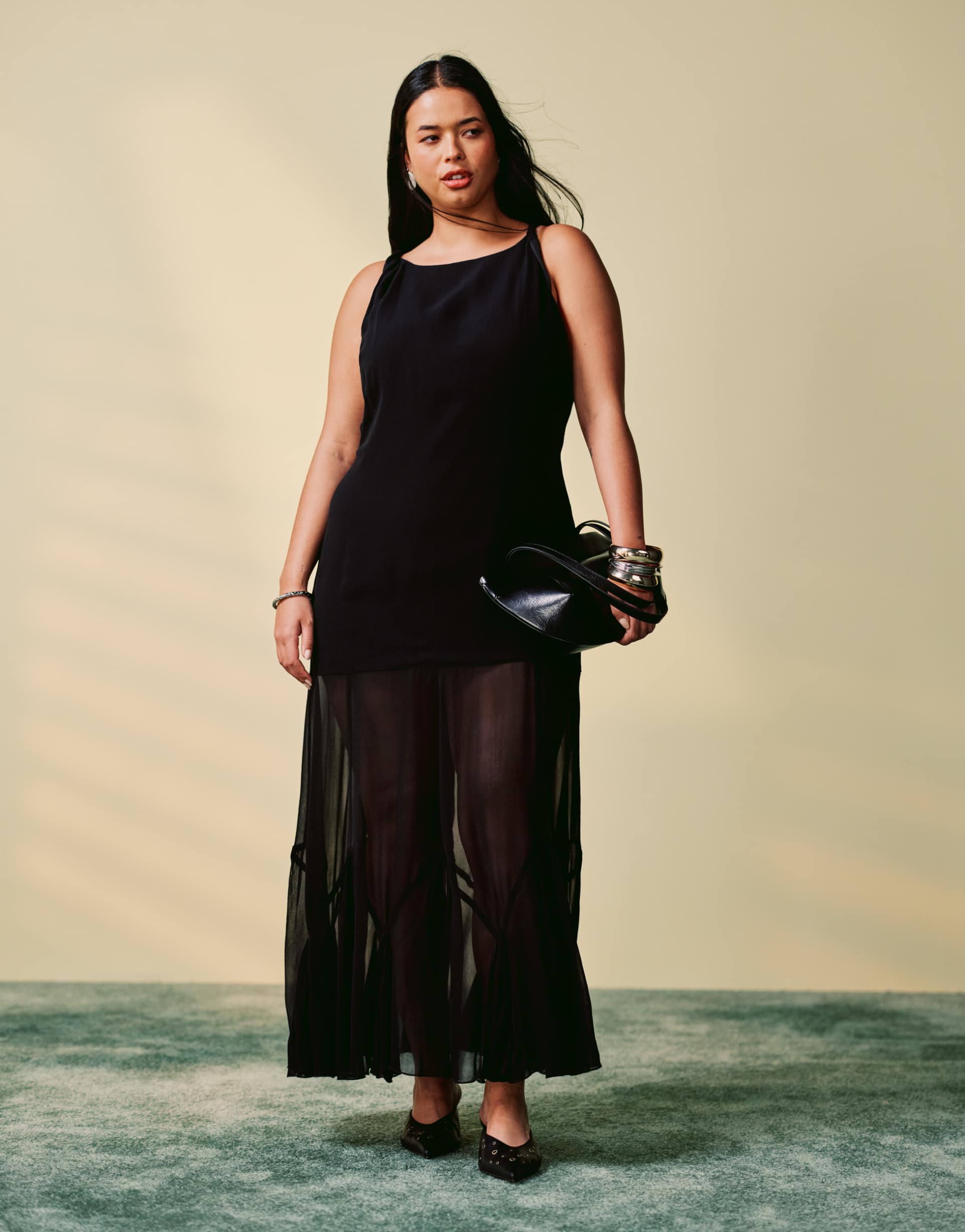 asos design curve dropped waist maxi dress witth full flare hem in black