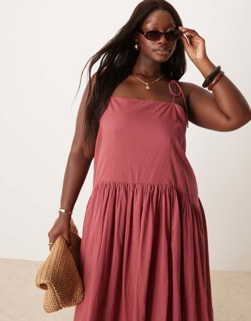 ASOS DESIGN Curve dropped waist maxi sundress in burgundy, 2 of 4