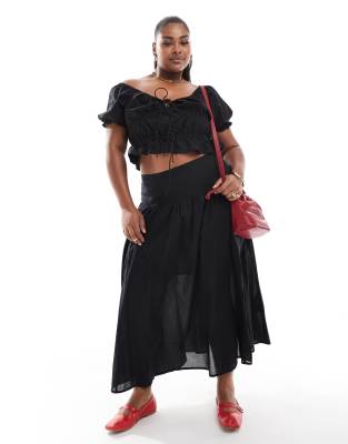 ASOS DESIGN Curve dropped waist midi skirt with lining in black