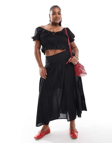ASOS DESIGN Curve dropped waist midi skirt with lining in black - view 1