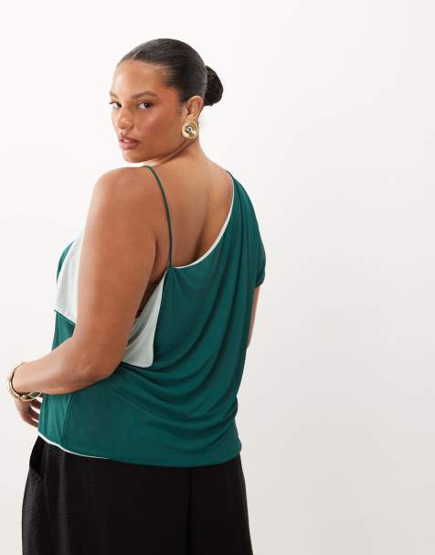 ASOS DESIGN Curve dubbellaagse contrasterende mesh asymmetrische tanktop in teal en mint - view 1