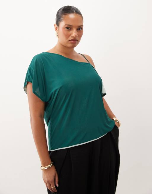 ASOS DESIGN Curve dubbellager kontrastmesh asymmetrisk tanktopp i teal och mint, 2 av 4