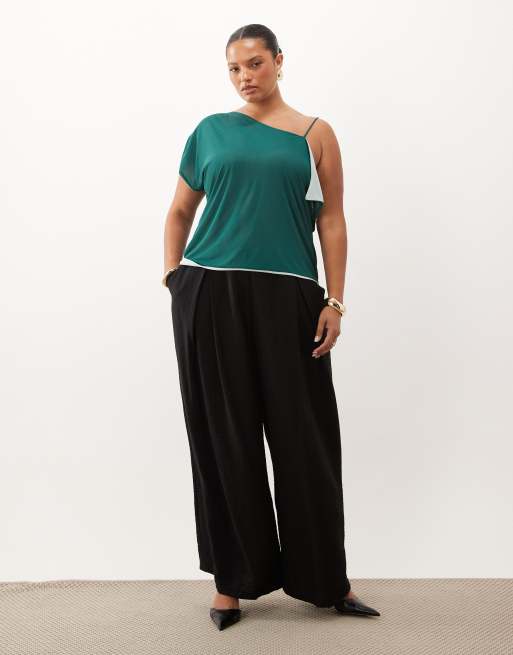 ASOS DESIGN Curve dubbellager kontrastmesh asymmetrisk tanktopp i teal och mint, 3 av 4