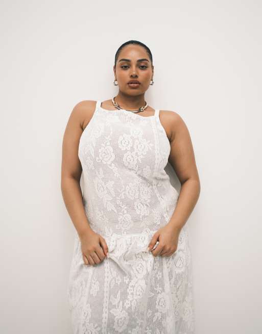 ASOS DESIGN Curve – Durchgehend aus Spitze gefertigtes Midikleid in Elfenbein mit U-Boot-Ausschnitt, 2 von 4