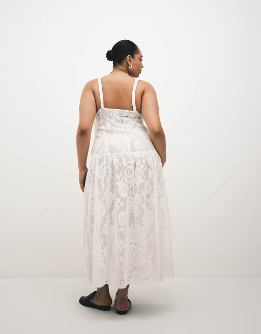 ASOS DESIGN Curve – Durchgehend aus Spitze gefertigtes Midikleid in Elfenbein mit U-Boot-Ausschnitt, 4 von 4