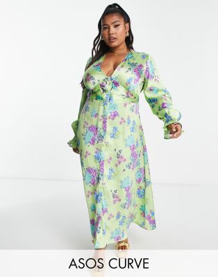 ASOS DESIGN Curve - Durchgeknöpftes Midi-Freizeitkleid aus grünem Satin mit Blumenmuster-Bunt