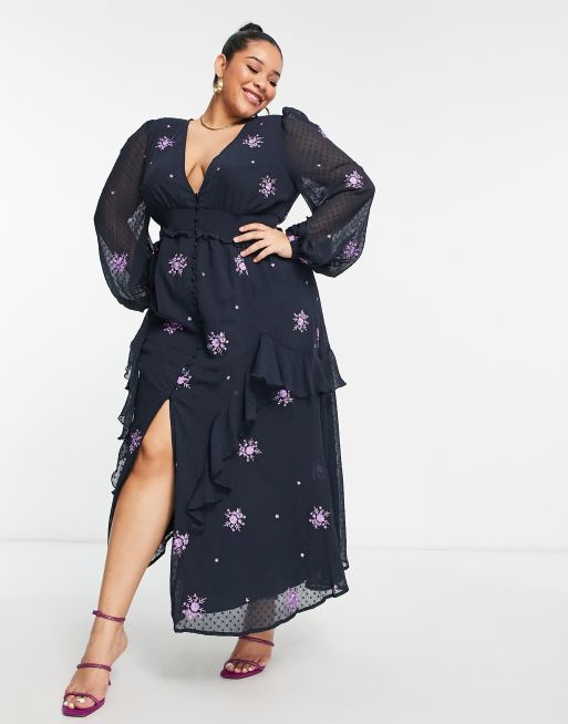 ASOS DESIGN Curve – Durchgeknöpftes Midi-Freizeitkleid in Anthrazit und Lila mit All-over-Stickerei und Raffung in der Taille