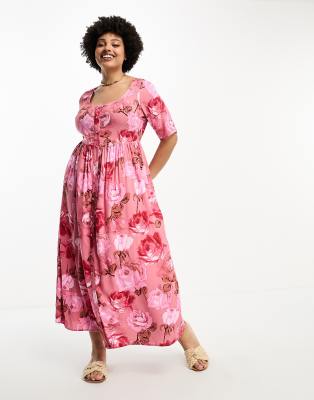 ASOS DESIGN Curve - Durchgeknöpftes Midikleid aus gesponnenem Material mit eckigem Ausschnitt und Rosenmuster-Bunt