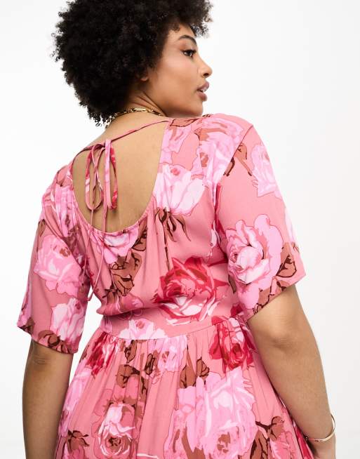 ASOS DESIGN Curve – Durchgeknöpftes Midikleid aus gesponnenem Material mit eckigem Ausschnitt und Rosenmuster, 2 von 4