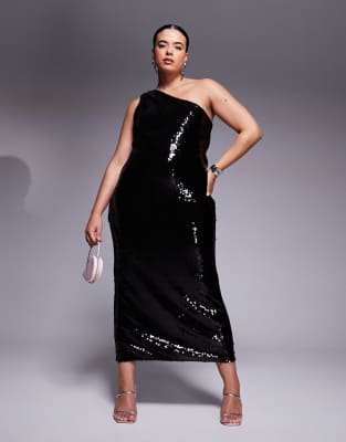 ASOS DESIGN Curve - Durchsichtiges Midikleid in Schwarz mit Pailletten und One-Shoulder-Träger