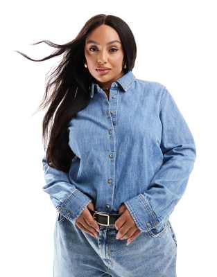 Asos Curve Asos Design Curve Easy Denim Shirt In Midwash Blue