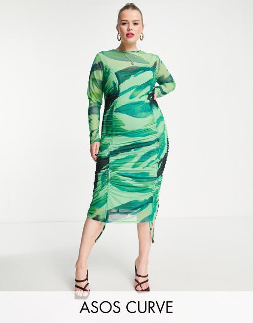ASOS DESIGN Curve - Edit - Gerimpelde midi jurk van mesh met losse slipdress en print 