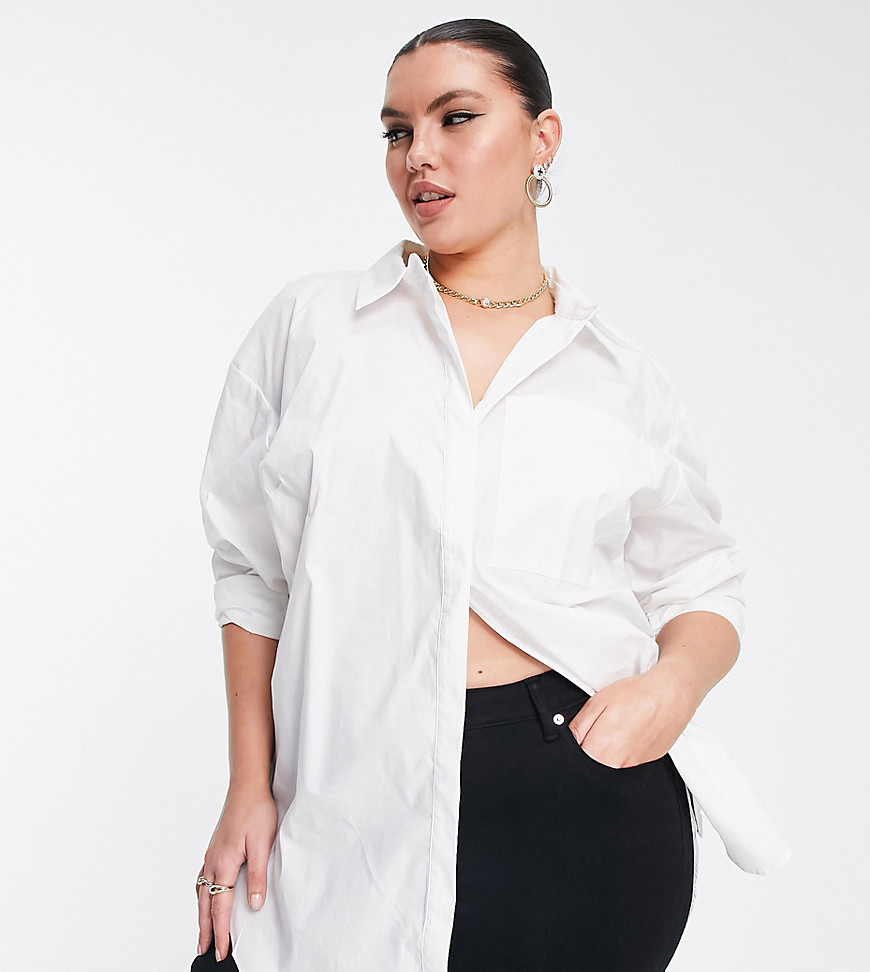Tops by ASOS Curve Add-to-bag material Spread collar Button placket Chest pocket Longline cut Oversized fit