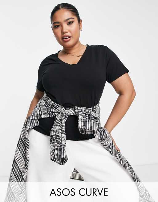ASOS DESIGN Curve – Edit Luxe – Czarny dopasowany T-shirt z szerokim dekoltem w kształcie litery V