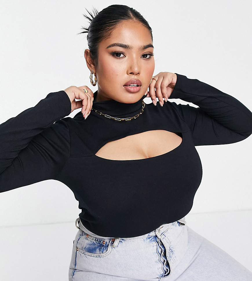 Plus-size bodysuit by ASOS DESIGN Streamline your style High neck Cut-out detail to front and back Thong back Bodycon fit