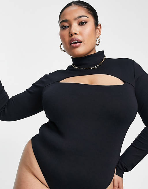 Tops Curve Edit  luxe handle bodysuit with cut out in black 