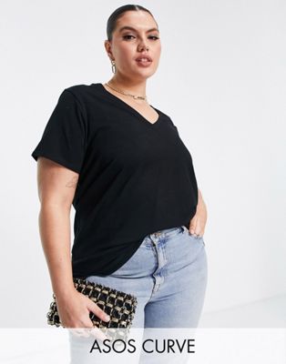 ASOS DESIGN Curve Edit luxe handle  column long line t-shirt with v-neck in black - ASOS Price Checker